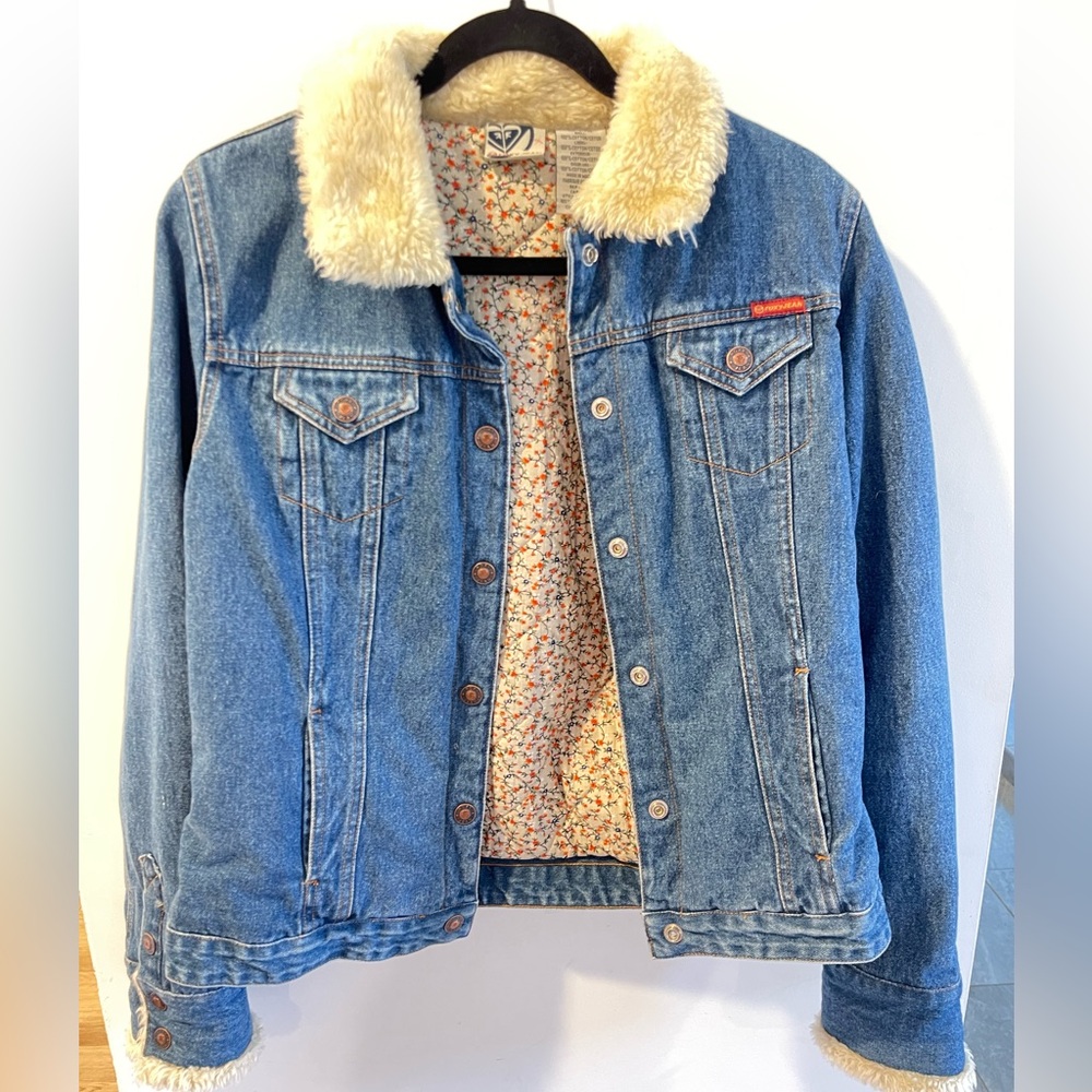 ROXY jean jacket dark wash denim w/ faux fur quilted lining EUC size Large